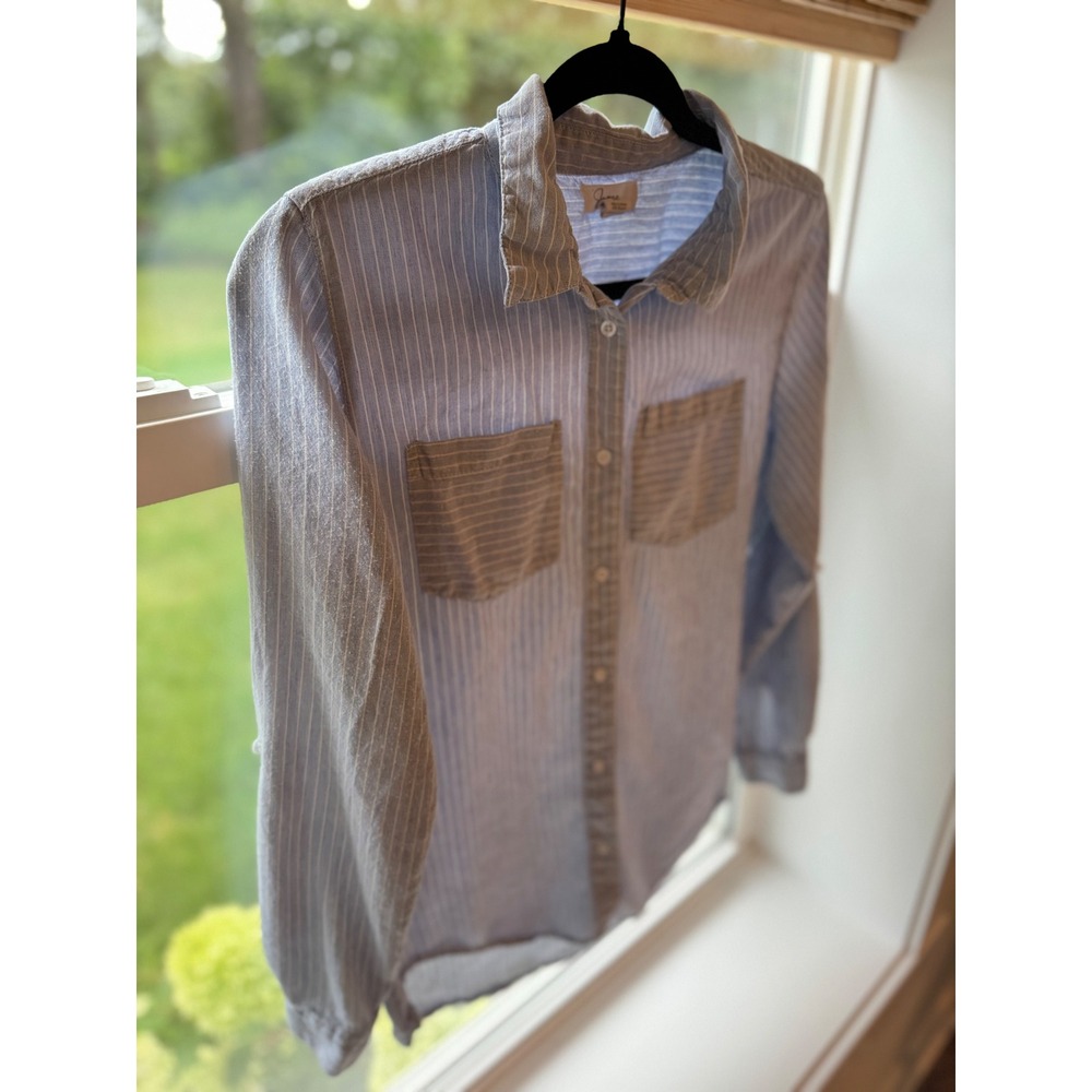 JAPNA Blue & White Pinstripe Cotton Button-Up Blouse | M